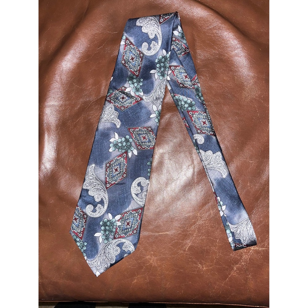 Stafford Mens Silk Necktie Blue Paisley Floral Diamond Pattern Formal